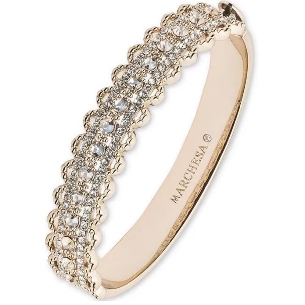 Marchesa Stunning Intricate Crystal Bangle Bracelet Gold Tone Chic Stylish Hinge
